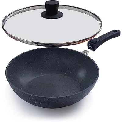 Image of nuovva Non Stick Wok Pan with Glass Lid Deep Stir Fry Induction Base 28cm Frying Detachable Handle