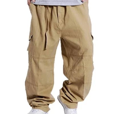 Image of Men/Teen Boys Vintage Hip Hop Baggy Casual Trousers Hipster Style Multiple Pockets Cargo Pants Khaki