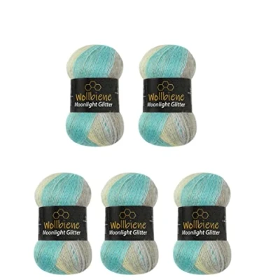 Image of Moonlight Glitter Batik Simli 5 x 100g Metallic Wool 500g Gradient for Knitting &amp; Crocheting (Turquoise Grey Beige)
