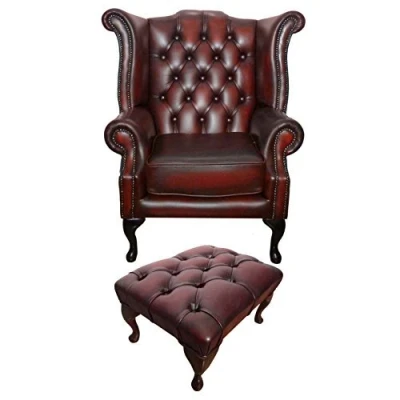 Image of Chesterfield 100% Genuine Leather Oxblood Red Queen Anne Armchair and Foots...