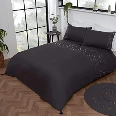 Image of Sleepdown Luxury Boho Embroidered Panel Band Plain Charcoal Grey Tassels Easy Care Soft Cosy Duvet Cover Quilt Bedding Set with Pillowcases King (220cm x 230cm), Polycotton