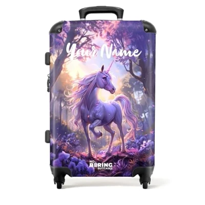 Image of NoBoringSuitcases.com® Children&#039;s Luggage Kids Suitcase for Girls Personalised Large Hard Shell on Wheels Unicorn Violet Flowers 26 28 inch 23kg