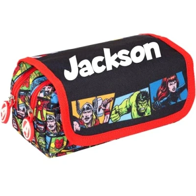 Image of Marvel Avengers Personalised Pencil Case, Black PersonalisedSchool Case for Boys, 2 Large Compartments Stationery Pouch