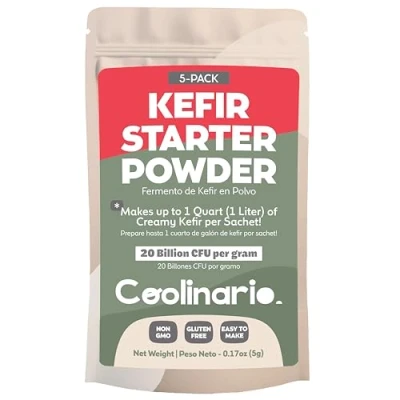 Image of Coolinario Kefir Starter Culture (5 Pack, 1g Sachets) Live Probiotic Cultures for Homemade Smooth, Creamy &amp; Tangy Non GMO, No Preservatives, Gluten Free, Halal Kosher Certified