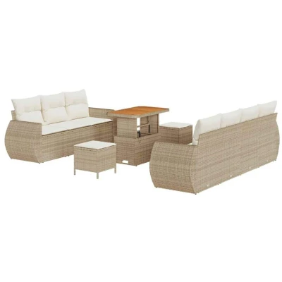 Image of vidaXL 10 Piece Garden Sofa Set with Cushions Beige Poly Rattan Acacia