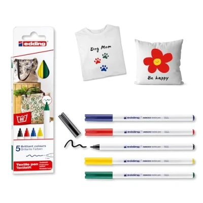 Image of edding 4600 textile pen black, red, blue, green, yellow set of 5 round nib 1 mm permanent fabric pens for drawing on textiles, wash resistant up to 60 C