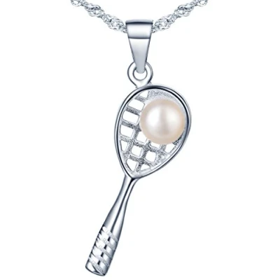Image of Yumilok Jewelry 925 Sterling Silver Pearl Elegant Tennis Racket Sport Pendant Necklace for Women/Girls