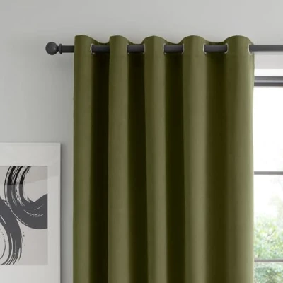 Image of Catherine Lansfield Wilson Velvet Blackout Thermal 66x72 Inch Eyelet Curtains Two Panels Olive Green