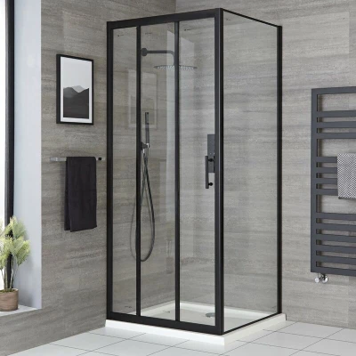 Image of Milano Nero 800mm Reversible Wet Room Triple Sliding Shower Enclosure Door with 760mm Side Panel Black