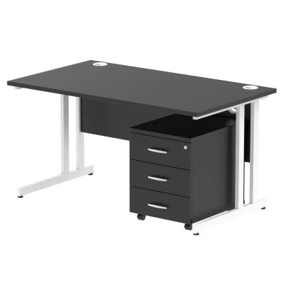 Image of Impulse 1400x800 Desk Black/White Cantilever Leg 3 Drawer Mobile Ped