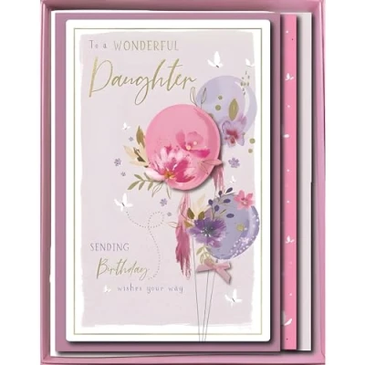 Image of Daughter Birthday Large Boxed Card Wonderful Special Finishes Contemporary Floral Design Embellishments and Illustrated Insert Leaf Made in the UK Eco Friendly