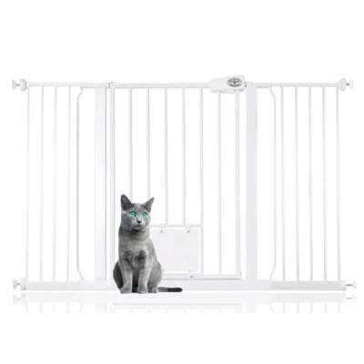 Image of Bettacare Pet Gate with Lockable Cat Flap, 133.2cm 140.8cm, White, 75cm in Height, Dog Safety Barrier Easy Installation
