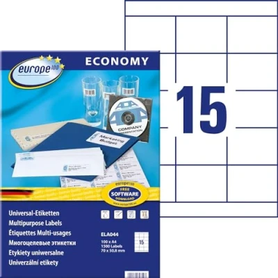 Image of europe100 ELA044 Universal Labels 70 x 50.8 mm 100 Sheets with Total of 1500 White