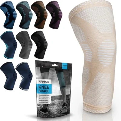 Image of POWERLIX Knee Support for Women/Men, Brace Compression Sleeve Arthritis, Joint Pain, Ligament Injury, Meniscus Tear, ACL, MCL, Tendonitis, Running, Squats, Sports, Beige, Medium