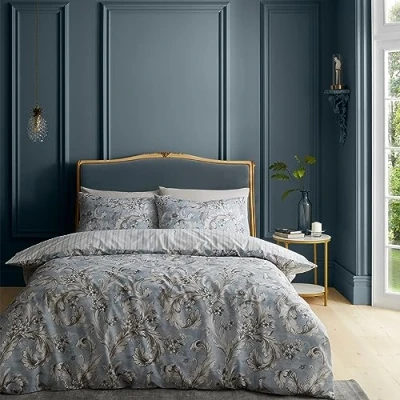 Image of Catherine Lansfield Bridgerton Regal Floral Reversible Single Duvet Cover Set with Pillowcase Blue
