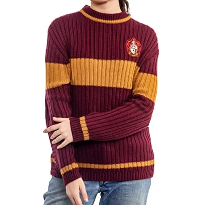 Image of Harry Potter Gryffindor Quidditch Jumper: Hogwarts House Uniform Replica Rib Stitch Knitted Crew Neck Jumper for Men and Women (S) Red, Gold