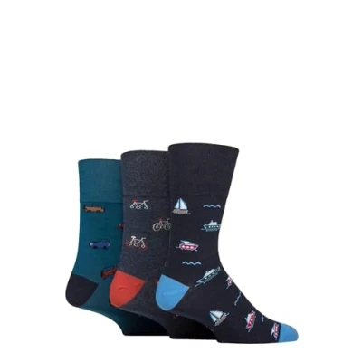 Image of SockShop Gentle Grip Mens Fun Feet Soft Top Novelty Patterned Breathable Cotton Socks in a Multipack of 3 Vehicle 6 11