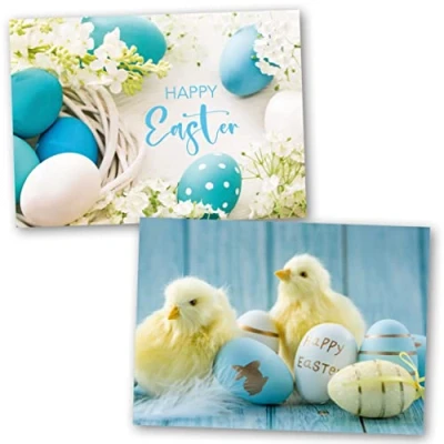 Image of Easter Cards Pack of 10. Each Card multipack has 2 different Blue Themed Designs. Ecofriendly, recyclable, plastic free cards, envelopes and box. Blank Inside.