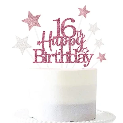 Image of Glittery 16th Happy Birthday Cake Topper with Star,16 Toppers Party Decorations Supplies for Girls Rose Gold