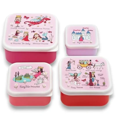 Image of Tyrrell Katz Kids Snack Boxes with Princess Print Children&#039;s 4 Piece Set Freezer Safe Square Food Storage Containers