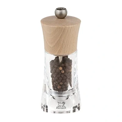 Image of Peugeot Oleron Manual Pepper Mill Adjustable Grinder Acrylic and Beechwood, Clear, 14 cm