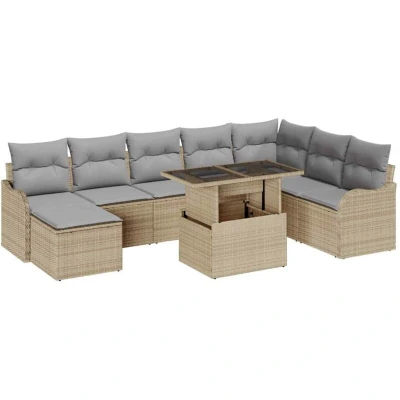 Image of vidaXL 9 Piece Garden Sofa Set with Cushions Beige Poly Rattan
