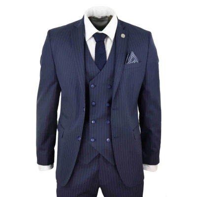 Image of Mens 3 Piece Navy Blue Suit Gatsby 1920s Blinders Gangster Pinstripe Tailored Fit 48/42W