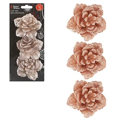 Image of Clip On Glitter Flowers Rose Gold Set of 3