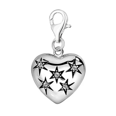 Image of Quiges 3D Heart and Stars Clip On Charm Pendant with Cubic Zirconia Silver Plated Women&#039;s Jewellery