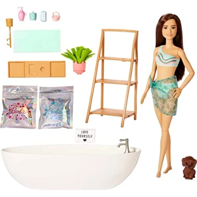Image of Barbie Doll and Bathtub Playset with Puppy, Kids Toys, Brunette, Colorful Confetti Soap Accessories, Self Care Wellness Theme, HKT93