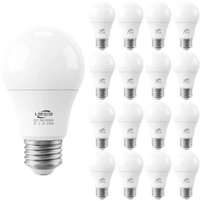 Image of LOEODO E27 Screw LED Bulb 60W Equivalent, 9W Light Bulb, 806 Lumens, 6000K Cool White, Large Non Dimmable, Pack of 16