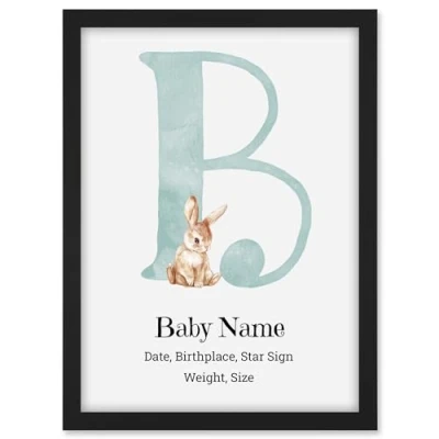 Image of Artery8 New Baby Birth Personalised Alphabet Letter Bunny Rabbit Newborn Child Nursery Framed Wall Art Print Decor Christening Baptism Gift