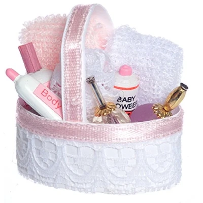 Image of Melody Jane Dolls House Pink Toiletry Cosmetics Basket 1:12 Bathroom Accessory