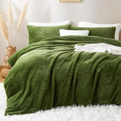 Image of Lanqinglv Plush Bed Linen 135 x 200 cm Green White Faux Fur Fluffy Winter Warm Cosy Flannel Fleece Flannelette Plain Duvet Cover with Zip and 1 Pillowcase 80