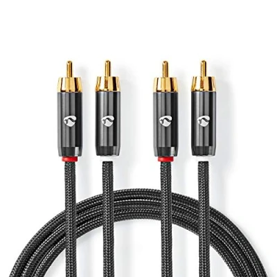 Image of NEDIS 2m Profigold RCA Cable, 2x to Phono Male, Gold Plated, Nylon Braided, Stereo Audio Cable for Home Cinema, Amp, Hi Fi,...