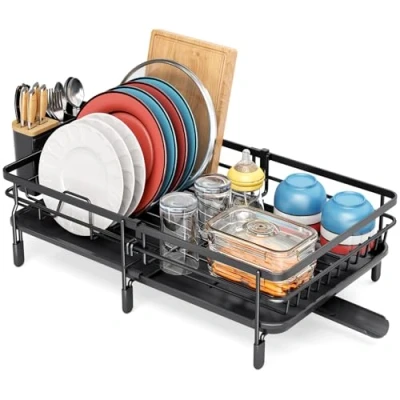 Image of KINGRACK Expandable Dish Drainer Rack,Adjustable Rack,Foldable Drying Rack with Removable Cutlery Holder Swivel Drainage Spout,Anti Rust Plate for Kitchen 1 Piece