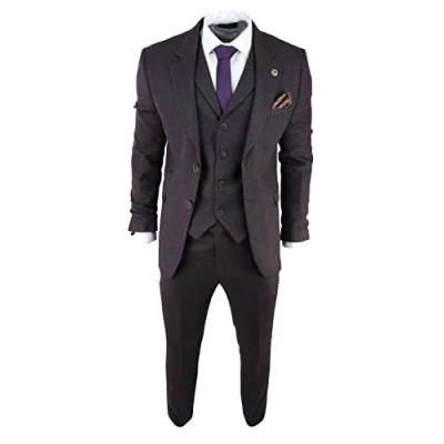 Image of Mens Herringbone Tweed 3 Piece Suit Purple Plum Tailored 1920s Vintage Blinders 48
