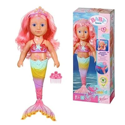Image of BABY born Little Sister Mermaid 46cm doll with body tattoos, a moving tail hair for styling Includes comb and tiara Suitable children aged 3+ years 833681