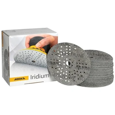 Image of Mirka Iridium Premium Sandpaper Ø 125mm Grip 89 Hole, Grit 40, 50 pcs / For sanding of paint, putty, primer, wood, steel, mineral materials, plastic.