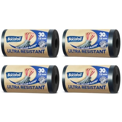 Image of Bacofoil Ultra Resistant Bin Liners with Drawstring Handles 30L Leak Proof and Tear Bag Protection Technology (6 Rolls, 72 Bags)