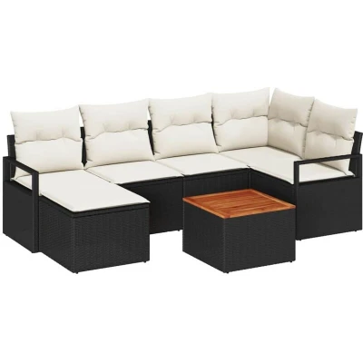 Image of vidaXL 7 Piece Garden Sofa Set with Cushions Black Poly Rattan Acacia