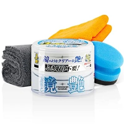 Image of detailmate Soft99 Car Sealing Wax Set for Light Paints Mirror Shine + Hand Polishing Sponge Applicator Microfibre Cloth 550 GSM 40 x cm