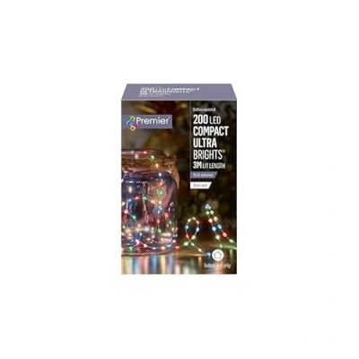 Image of Premier Decorations 200 Multi Coloured LED Compact Ultrabright Silver Wire Battery Operated Lights 3m