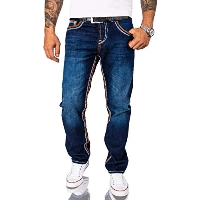 Image of Rock Creek RC 2056 Men’s Designer Jeans, Trousers, Thick Stitching, Vintage Blue W42