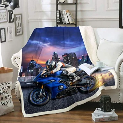 Image of Motorcycle Rider Printed Fleece Blanket Extreme Sports Theme Sherpa Throw for Bed Sofa Couch Modern City Building Plush Men Cool Motorbike Fuzzy Bedroom Decor Double 60&quot;x79&quot;