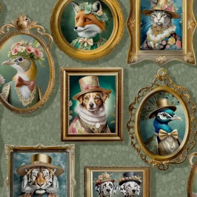 Image of Regal Beasts Sage Green Wallpaper Animal Print Dog Cat Fox Peacock Artistic Trendy Stylish Feature Wall