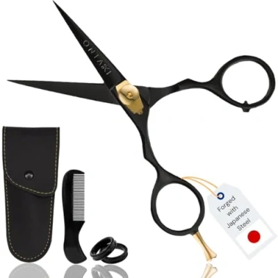 Image of ONTAKI Beard Moustache Scissors 5.5&quot; Professional Japanese Steel Comb, Carrying Pouch Mustache Trimming Hand Forged Bevel Edge Precision Men Facial Hair Grooming Kit Body Black Gold