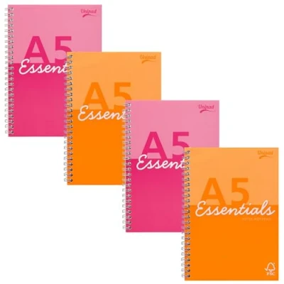 Image of Pukka Pad Essentials A5 Jotta Notebook Pack of 4 Assorted Pink &amp; Orange Notepads for School Office with 160 Pages, 80 Sheets 60GSM Lined FSC Paper and Perforation Side Twin Wire Binding