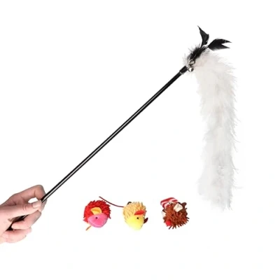 Image of DINGO Cat Set: Wand with Feathers and Fluffy Tail, 2 Colorful Microfiber Mice, Hedgehog Mouse a Catnip, 4 Toys Bells, Attractive Soft Textures for (Z30037)