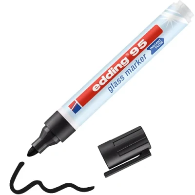 Image of edding 95 glass marker black 1 pen round nib 1.5 3 mm washable window for writing and marking on surfaces, windows, glassboards, whiteboards dry wipeable